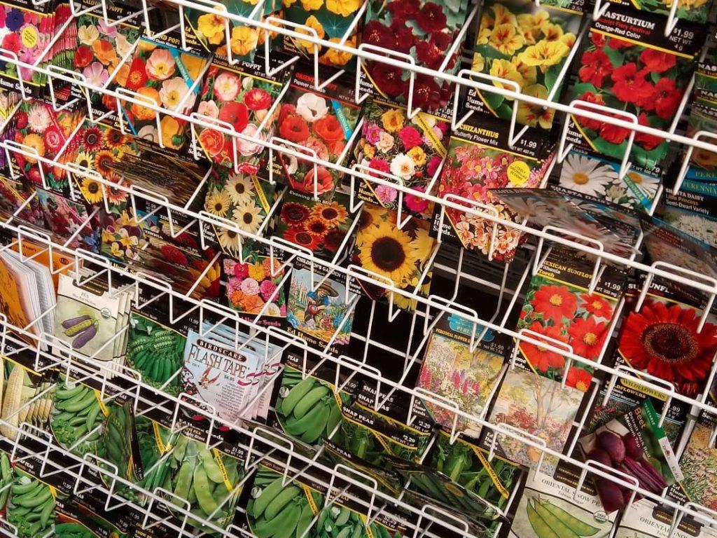 Photograph of a store display of various gardening and flower seed packets. 