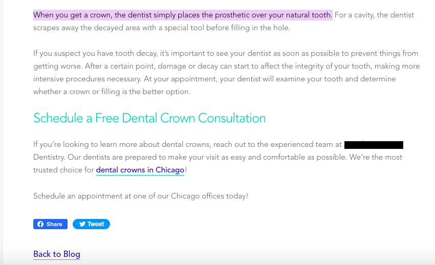 Paragraph screenshot showing a call to action within a dental blog post.